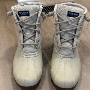 Sperry Cream and Gray Duck Boots